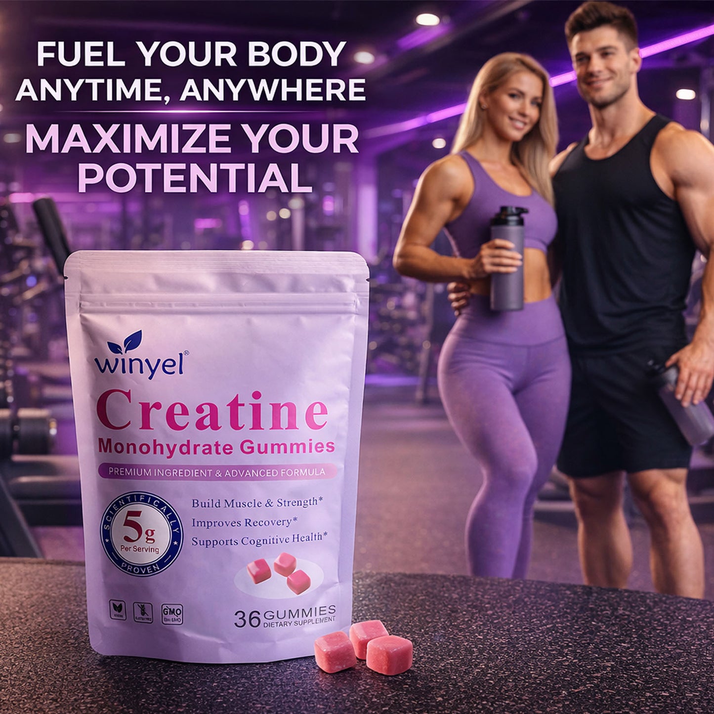 Creatine Monohydrate Gummies, 5 Grams Per Serving, Sugar-free Creatine Gummies, Suitable For Workouts, Strength, Cognitive Health, And Muscle Support, Gluten-free, Berry-enhanced, 36 Gummies. - Healing Shop