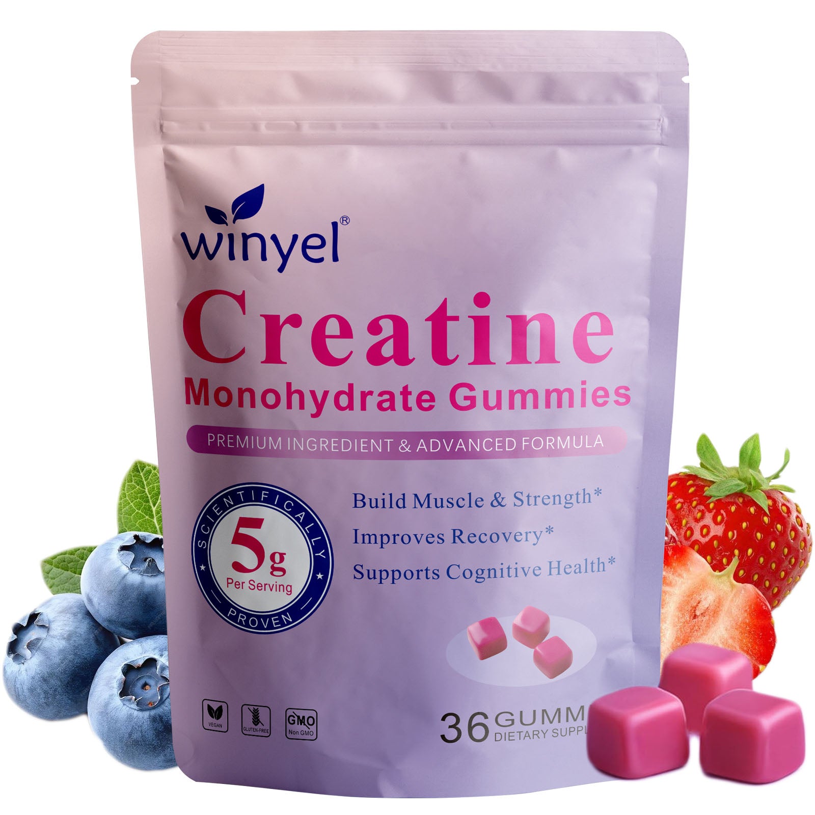 Creatine Monohydrate Gummies, 5 Grams Per Serving, Sugar-free Creatine Gummies, Suitable For Workouts, Strength, Cognitive Health, And Muscle Support, Gluten-free, Berry-enhanced, 36 Gummies. - Healing Shop