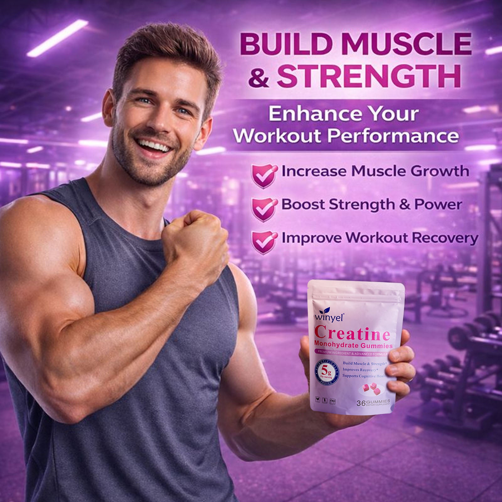 Creatine Monohydrate Gummies, 5 Grams Per Serving, Sugar-free Creatine Gummies, Suitable For Workouts, Strength, Cognitive Health, And Muscle Support, Gluten-free, Berry-enhanced, 36 Gummies. - Healing Shop