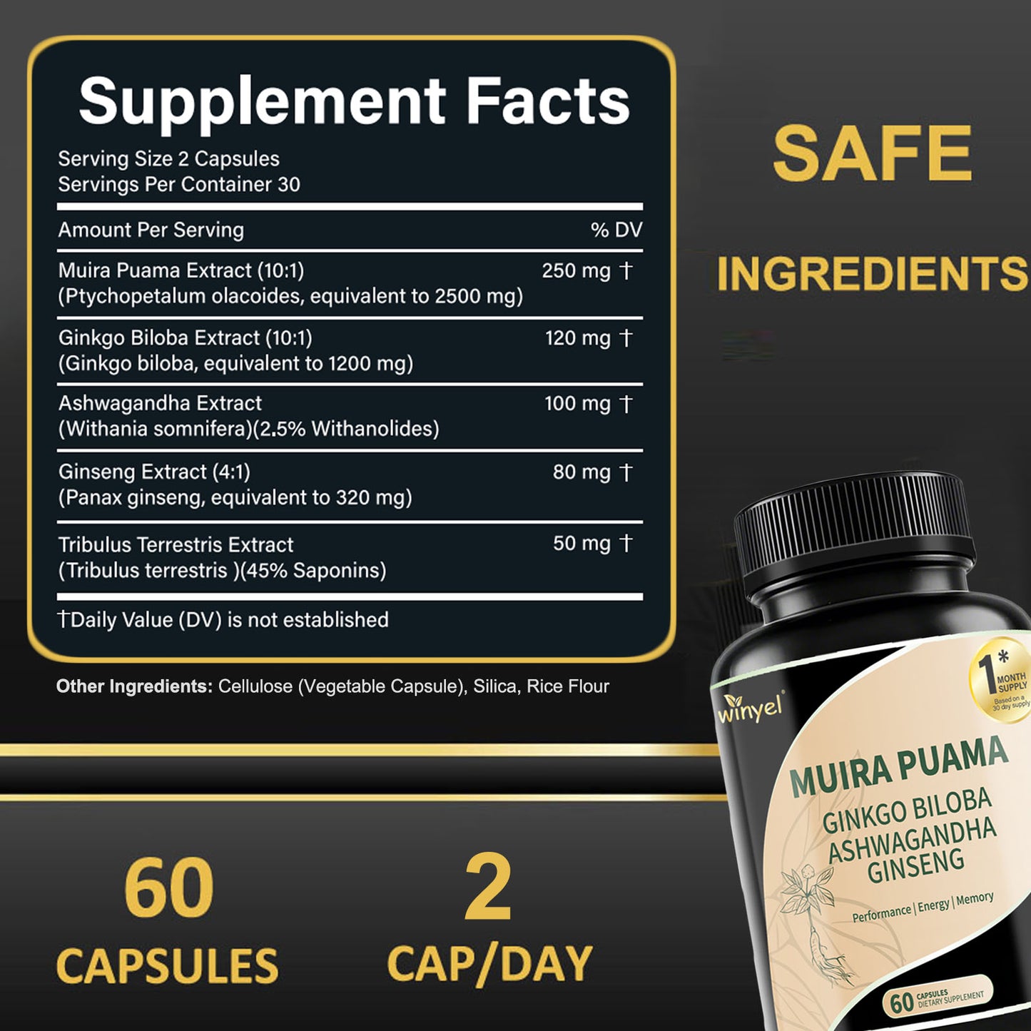 Muira Puama Ginseng Ashwagandha Ginkgo Tribulus Herbal Supplements Unleash Your Potential Through Our Pills Dietary Supplements, Help Promote An Active And Healthy Lifestyle 60 Capsules - Healing Shop