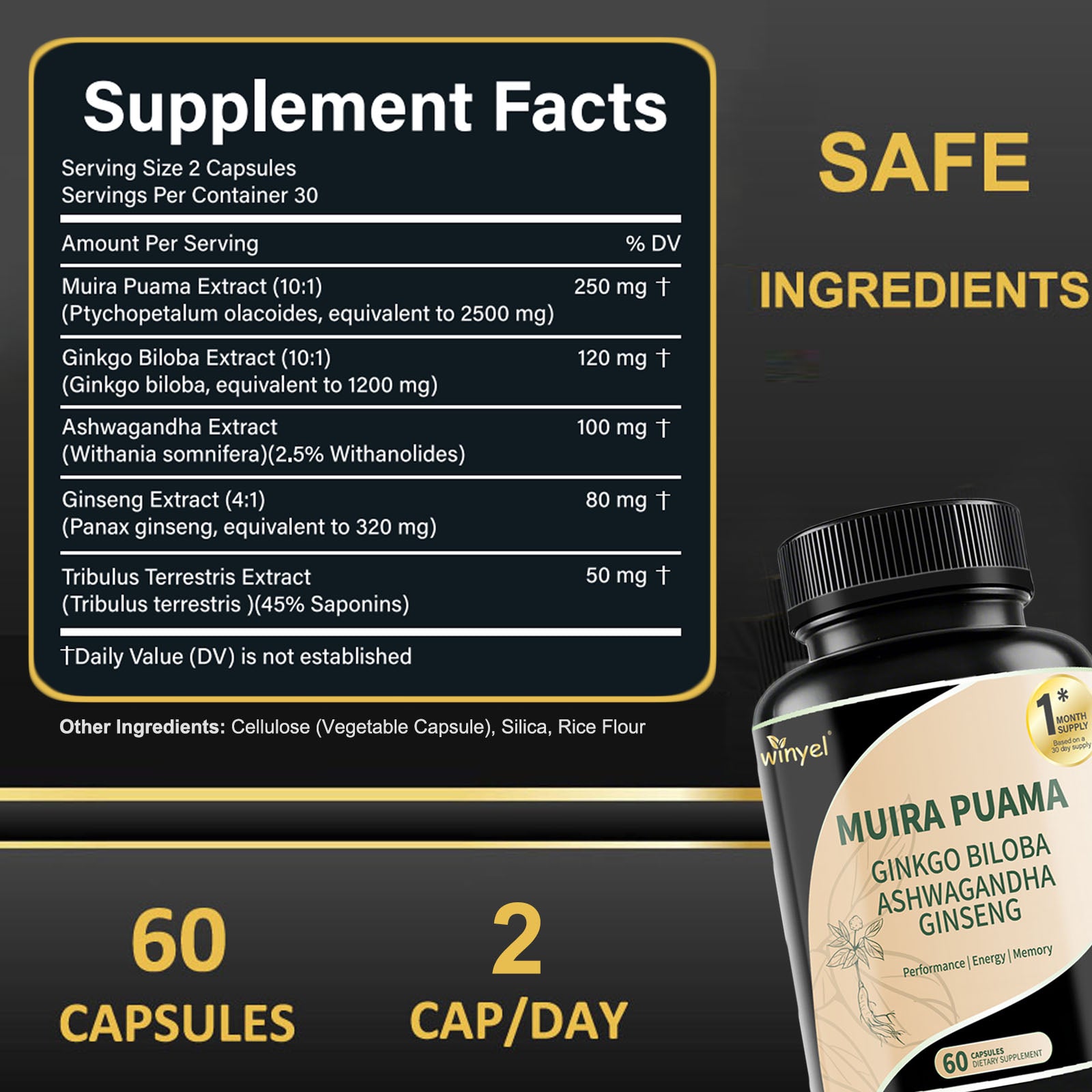 Muira Puama Ginseng Ashwagandha Ginkgo Tribulus Herbal Supplements Unleash Your Potential Through Our Pills Dietary Supplements, Help Promote An Active And Healthy Lifestyle 60 Capsules - Healing Shop