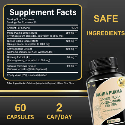 Muira Puama Ginseng Ashwagandha Ginkgo Tribulus Herbal Supplements Unleash Your Potential Through Our Pills Dietary Supplements, Help Promote An Active And Healthy Lifestyle 60 Capsules - Healing Shop