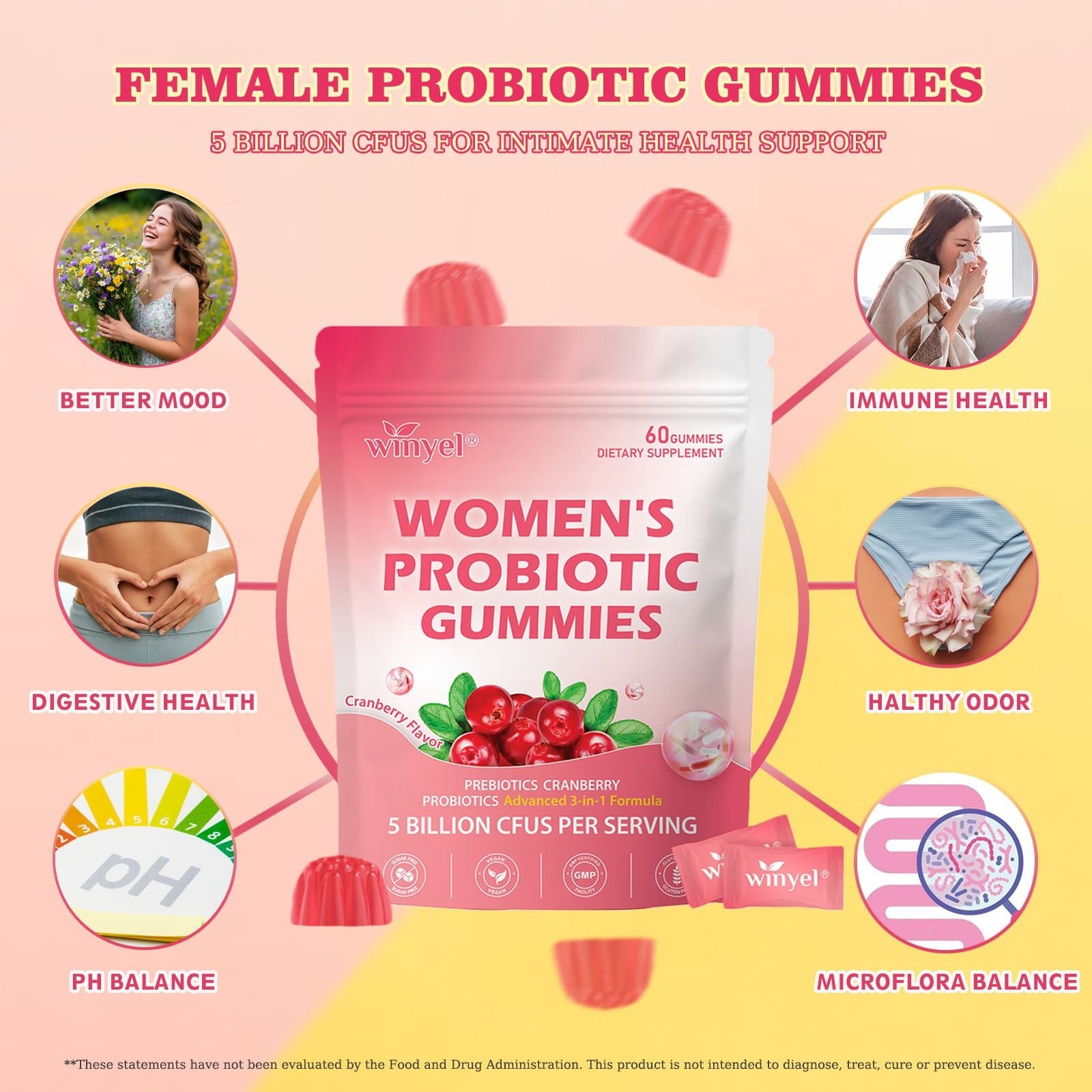 Cranberry Probiotic Gummies Targets Body Odor, Women's Health, And PH Balance Vegan 60 Gummies Per Pack - Healing Shop
