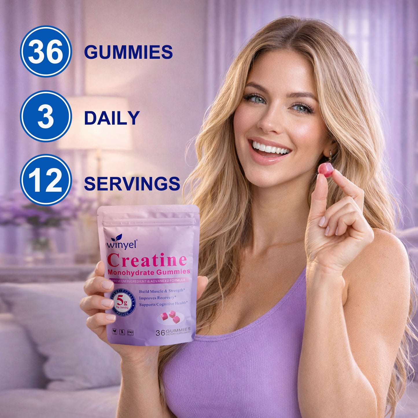 Creatine Monohydrate Gummies, 5 Grams Per Serving, Sugar-free Creatine Gummies, Suitable For Workouts, Strength, Cognitive Health, And Muscle Support, Gluten-free, Berry-enhanced, 36 Gummies. - Healing Shop