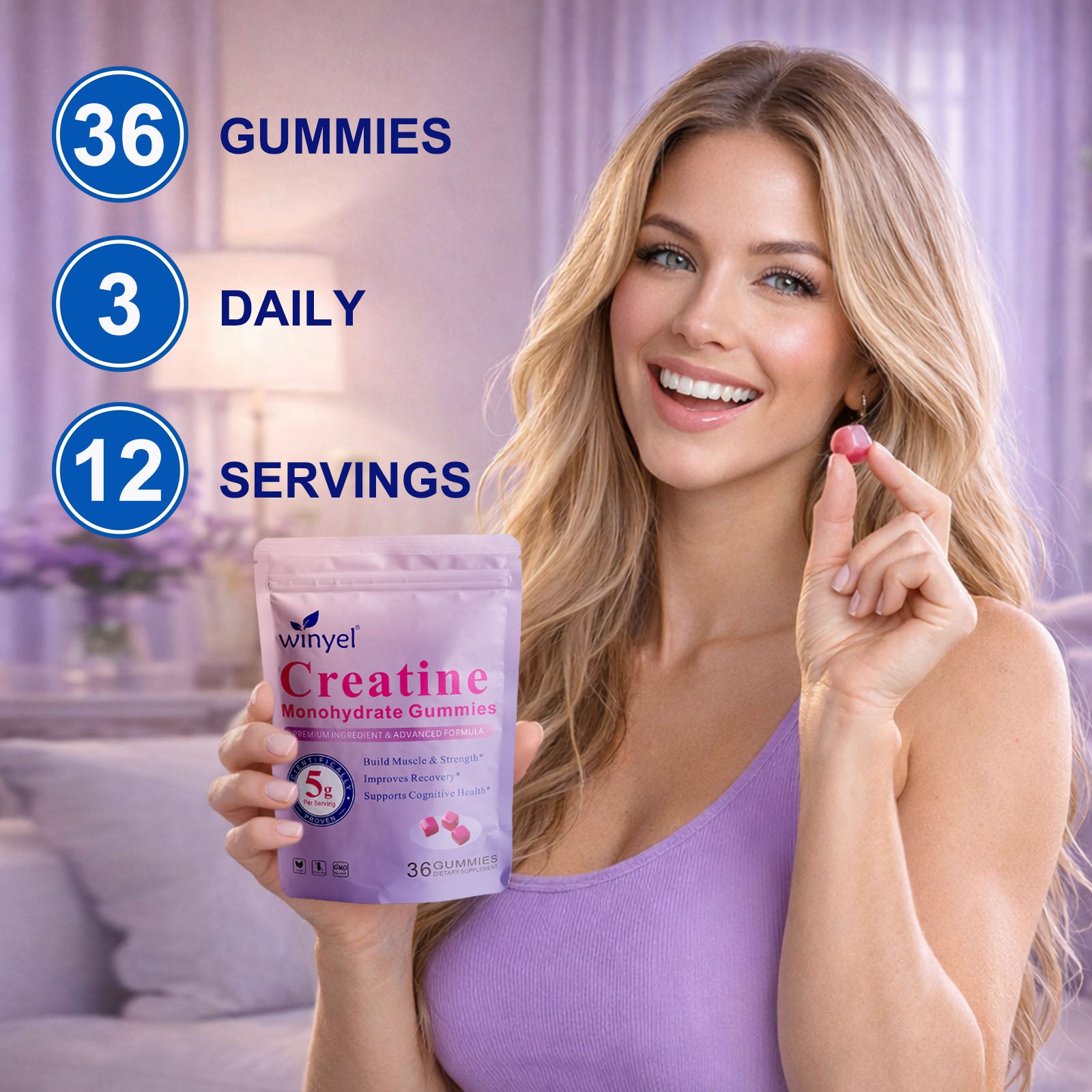 Creatine Monohydrate Gummies, 5 Grams Per Serving, Sugar-free Creatine Gummies, Suitable For Workouts, Strength, Cognitive Health, And Muscle Support, Gluten-free, Berry-enhanced, 36 Gummies. - Healing Shop