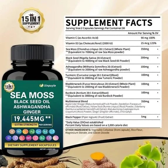 15-in-1 Sea Moss & 8-in-1 Shilajit Ashwagandha Supplement Bundle Energy Mood Support 60 Capsules Each - Healing Shop