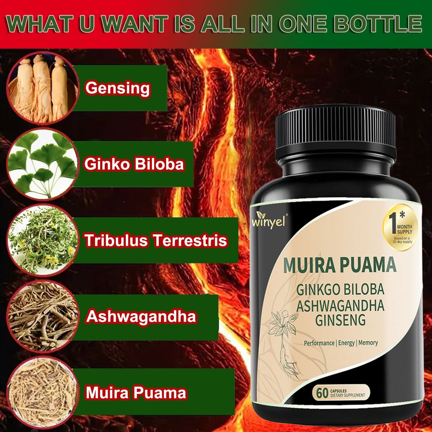 Muira Puama Ginseng Ashwagandha Ginkgo Tribulus Herbal Supplements Unleash Your Potential Through Our Pills Dietary Supplements, Help Promote An Active And Healthy Lifestyle 60 Capsules - Healing Shop