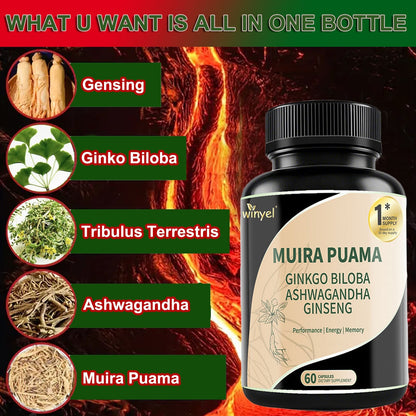 Muira Puama Ginseng Ashwagandha Ginkgo Tribulus Herbal Supplements Unleash Your Potential Through Our Pills Dietary Supplements, Help Promote An Active And Healthy Lifestyle 60 Capsules - Healing Shop