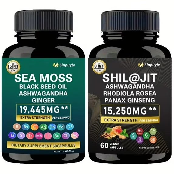 15-in-1 Sea Moss & 8-in-1 Shilajit Ashwagandha Supplement Bundle Energy Mood Support 60 Capsules Each - Healing Shop
