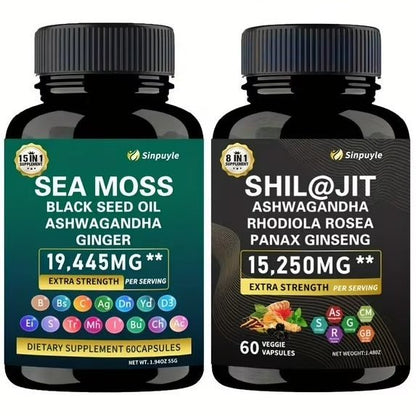 15-in-1 Sea Moss & 8-in-1 Shilajit Ashwagandha Supplement Bundle Energy Mood Support 60 Capsules Each - Healing Shop