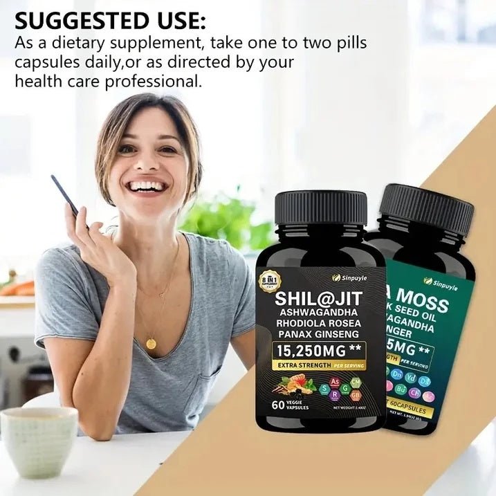 15-in-1 Sea Moss & 8-in-1 Shilajit Ashwagandha Supplement Bundle Energy Mood Support 60 Capsules Each - Healing Shop